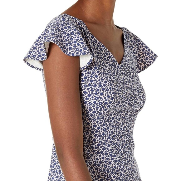 Lark & Ro Women's Ditsy Floral Flutter Cap Sleeve Double V Neck Sheath Dress 4 - Picture 3 of 10